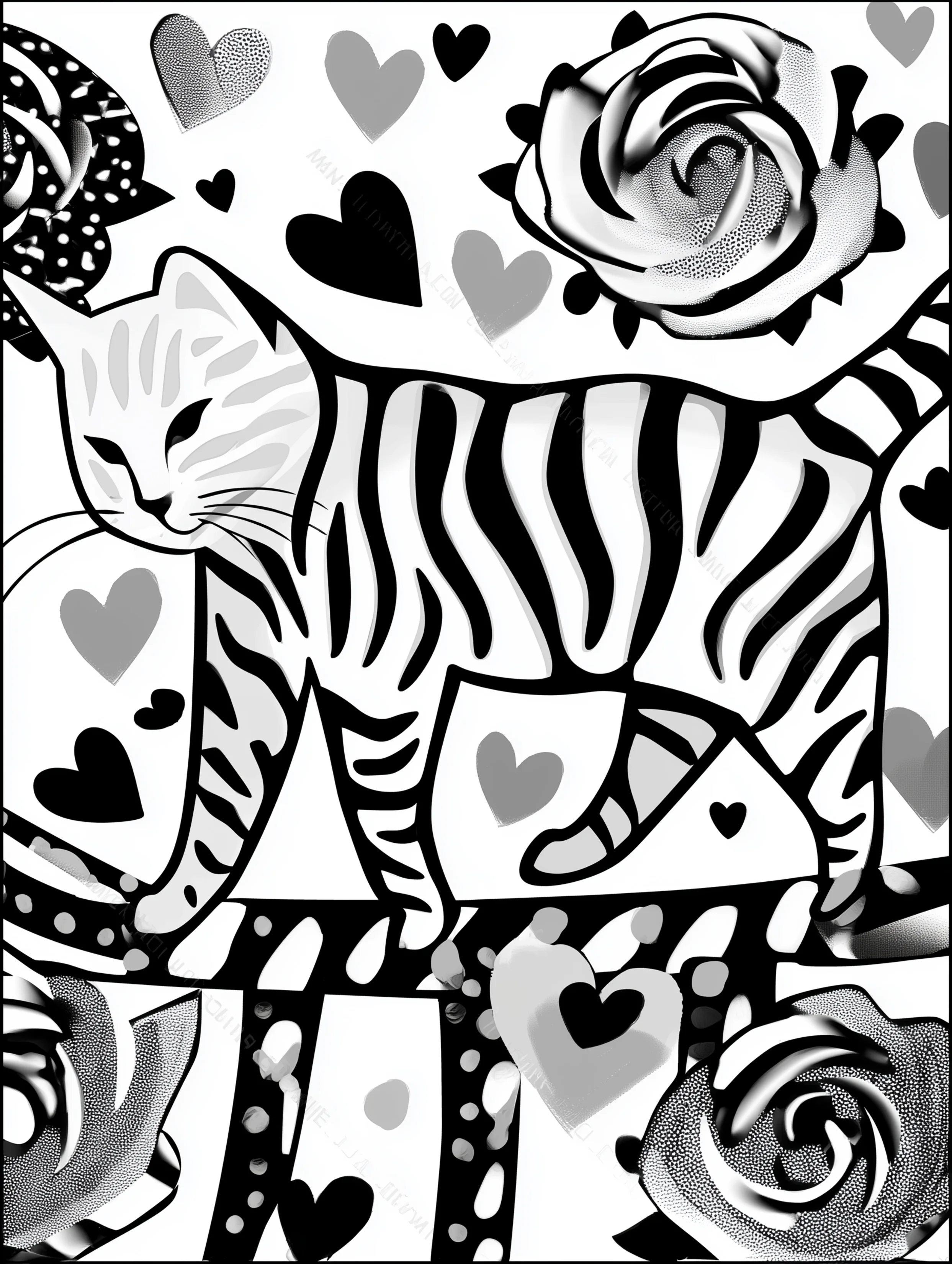 Free printable summer coloring page for adults featuring a zebra-patterned cat on a bannister